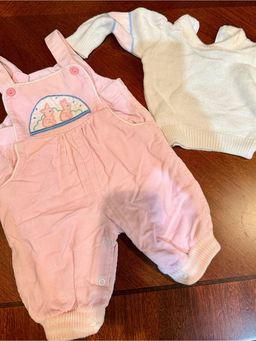 Vintage 1990s Baby Girls Pink Corduroy Overalls with White Knit Sweater